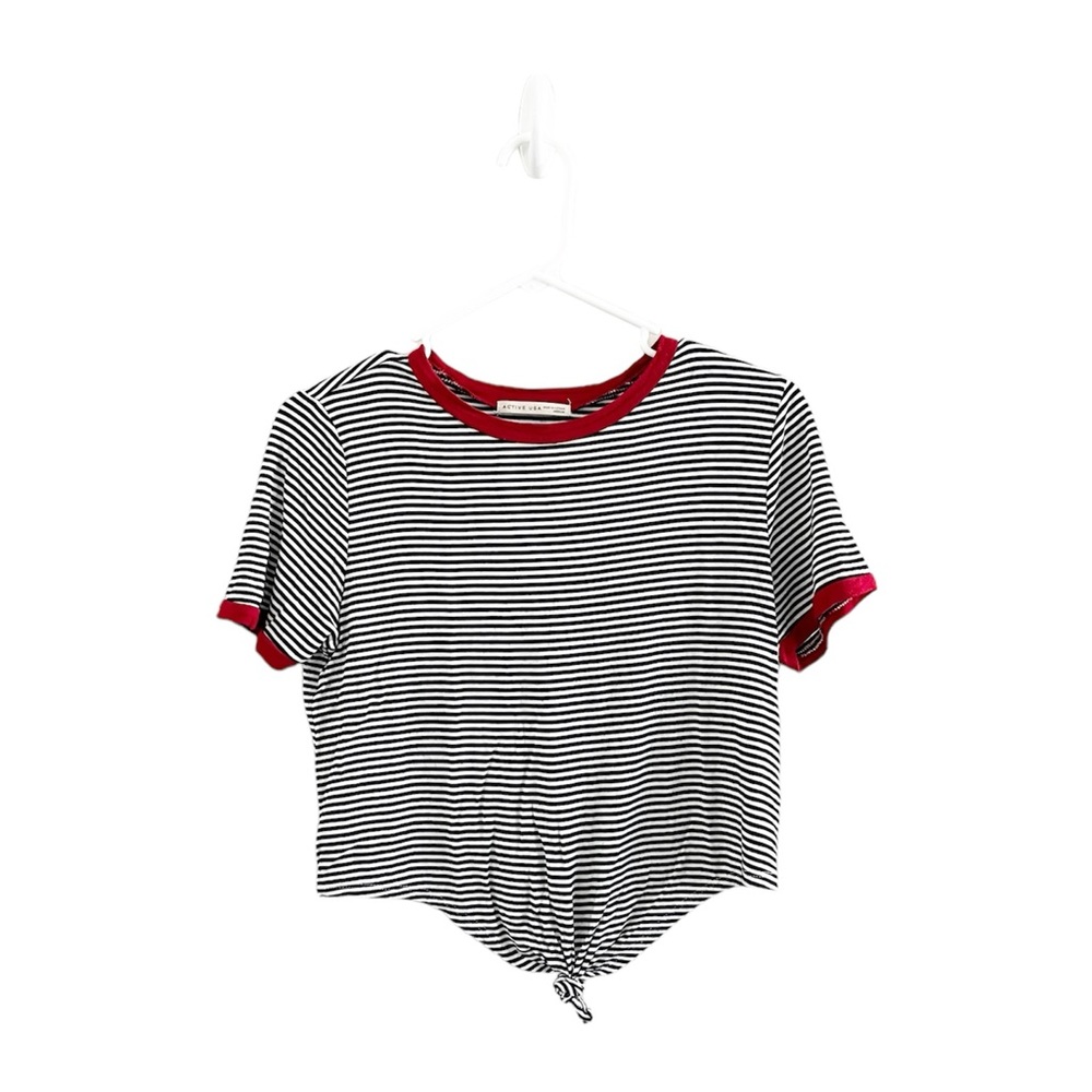 Black and White Striped Cropped T-Shirt with Red Trim